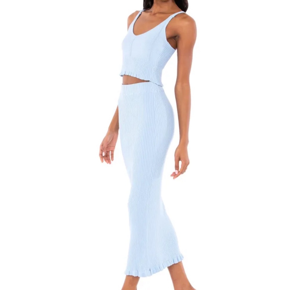 MINKPINK Light Blue Ribbed Knit Crop Top & Midi Skirt Set